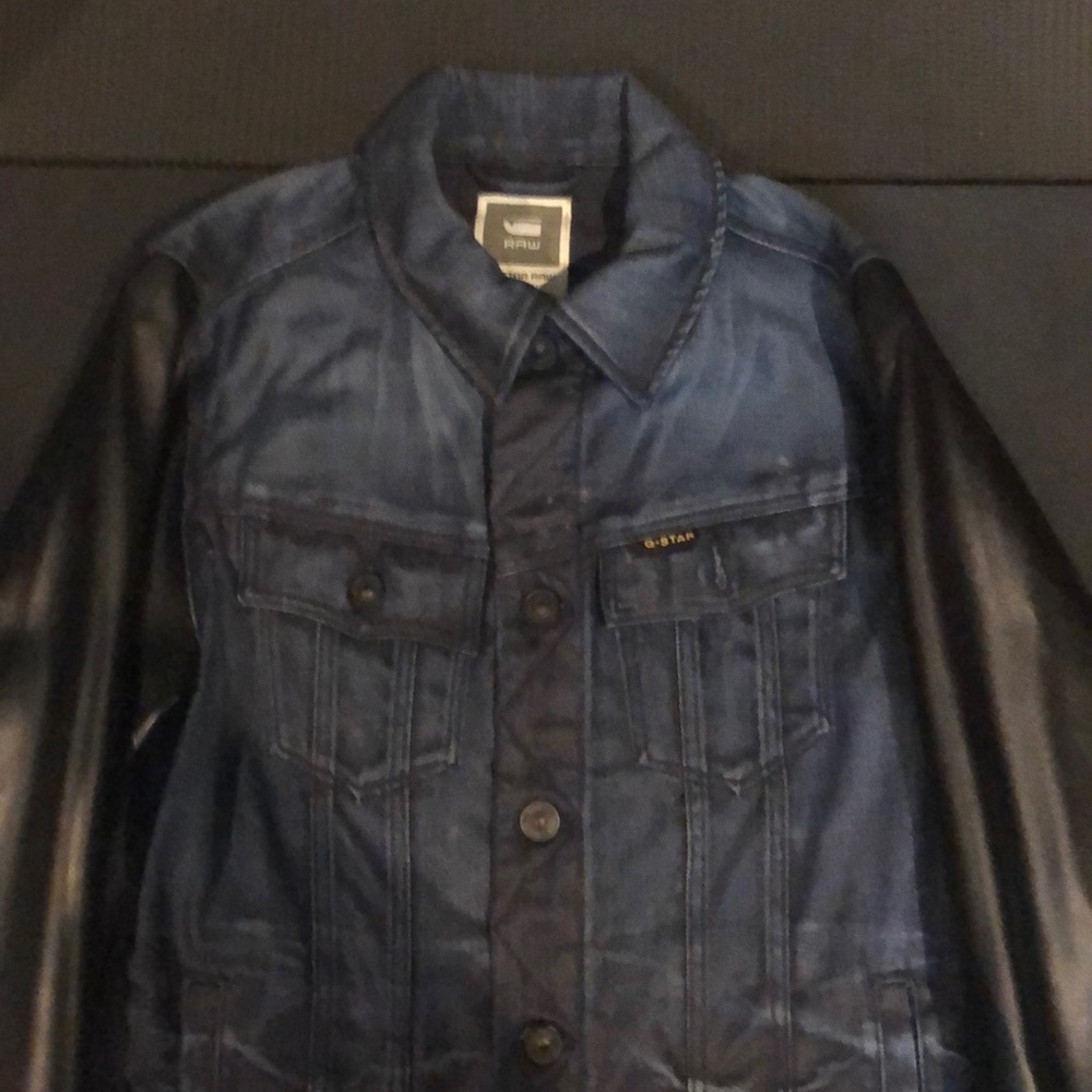 G-Star Raw Inked Denim Dark Blue Jean Jacket w/Authentic Leather Biker Sleeves